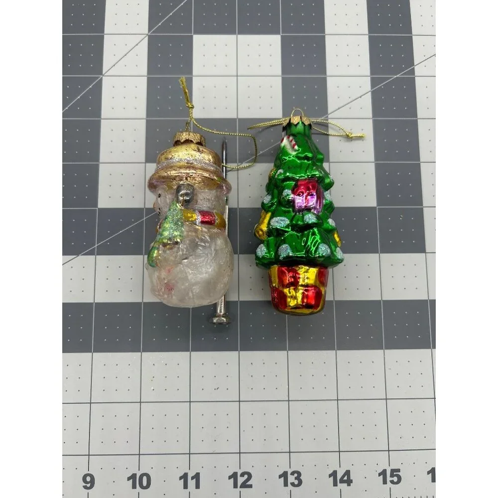 Lot of 2 Christmas Tree‎ & Snowman Glass Christmas Ornaments